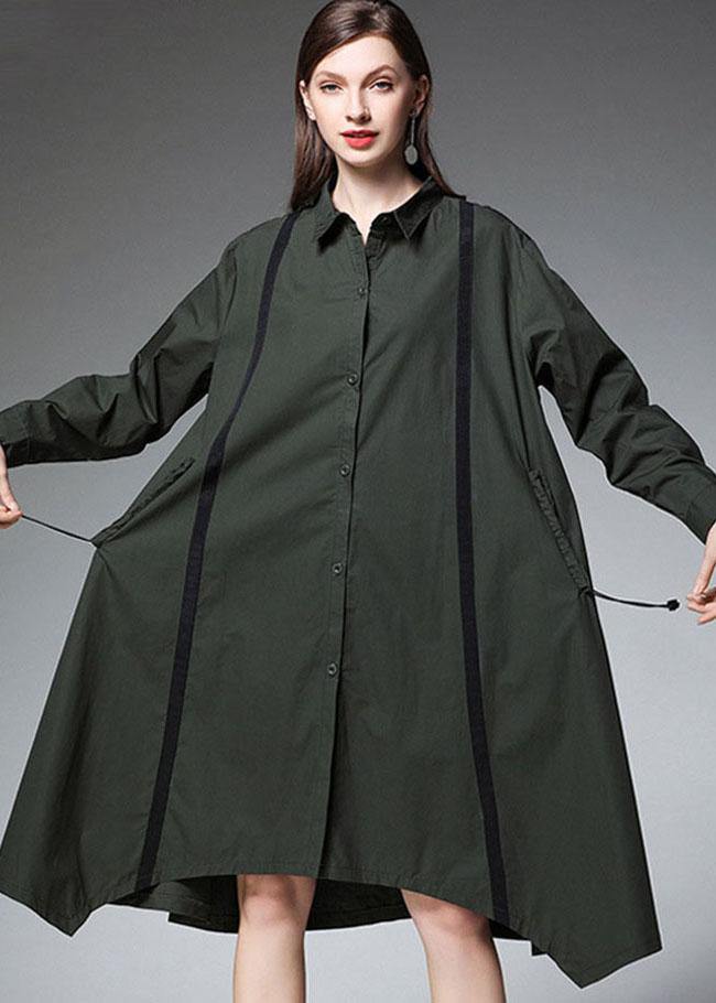 Tea Green Peterpan Collar Button Patchwork Fall Cotton Long Shirt