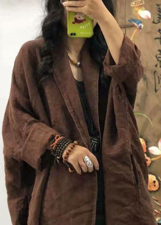 Loose Chocolate Pocket Peter Pan Collar Linen Coats Long Sleeve Fall