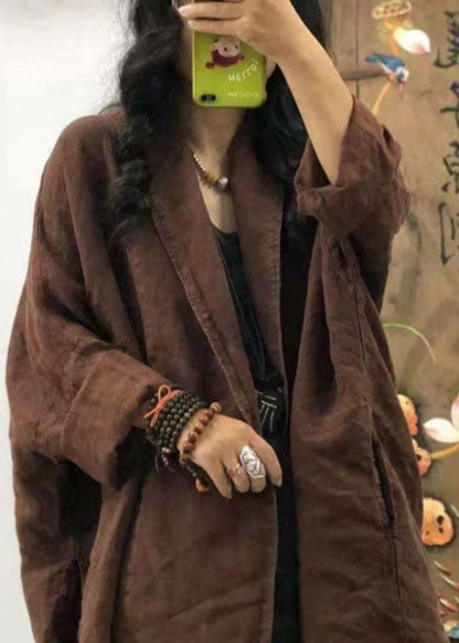 Loose Chocolate Pocket Peter Pan Collar Linen Coats Long Sleeve Fall