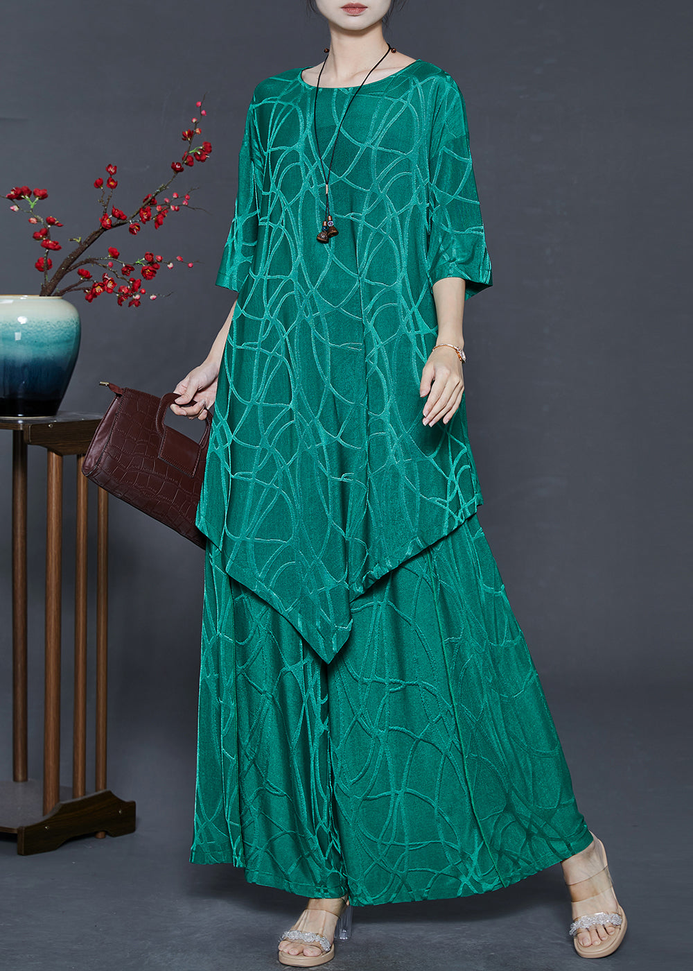 Green Asymmetrical Print Silk Two Pieces Set Summer