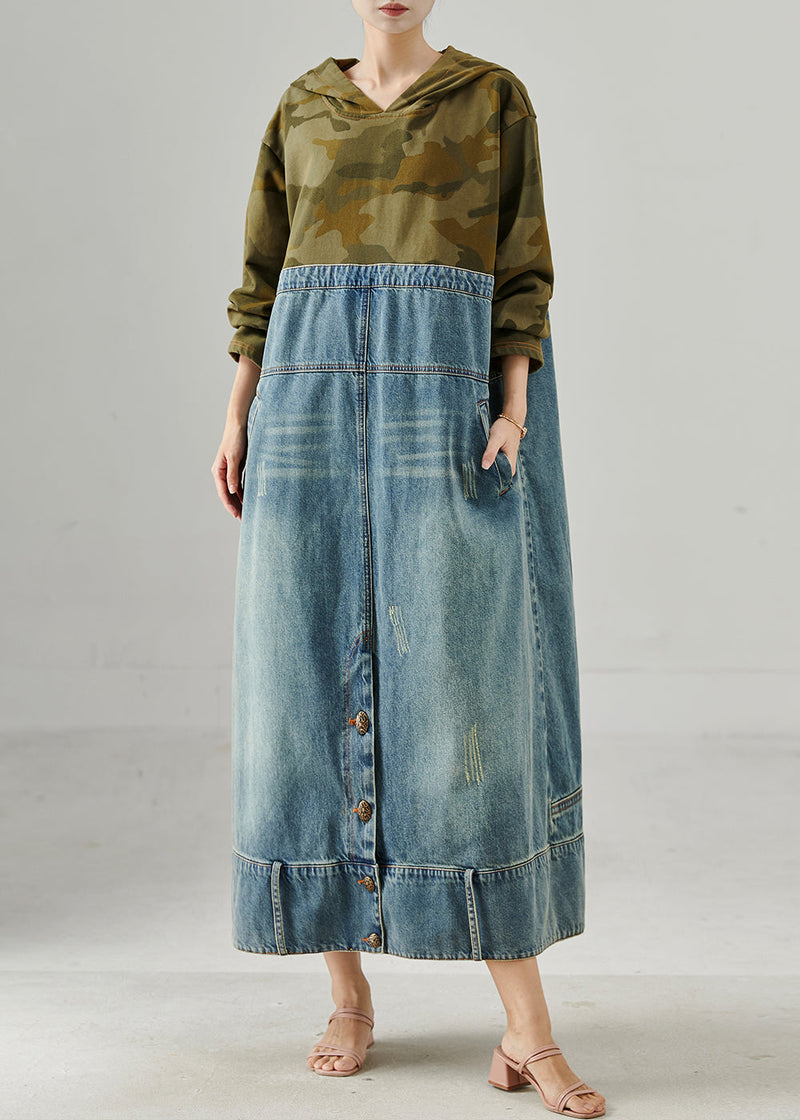 Original Design Hooded Patchwork Denim Maxi Dress Spring