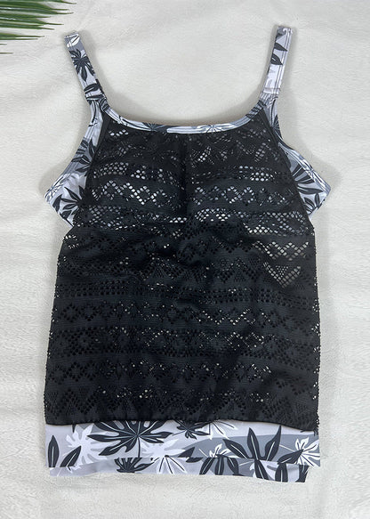 Pink O-neck Print Hollow Out Swimwear Two Pieces Sets