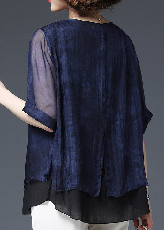 Baggy Navy O-neck Patchwork Chiffon Blouse Top Half Sleeve