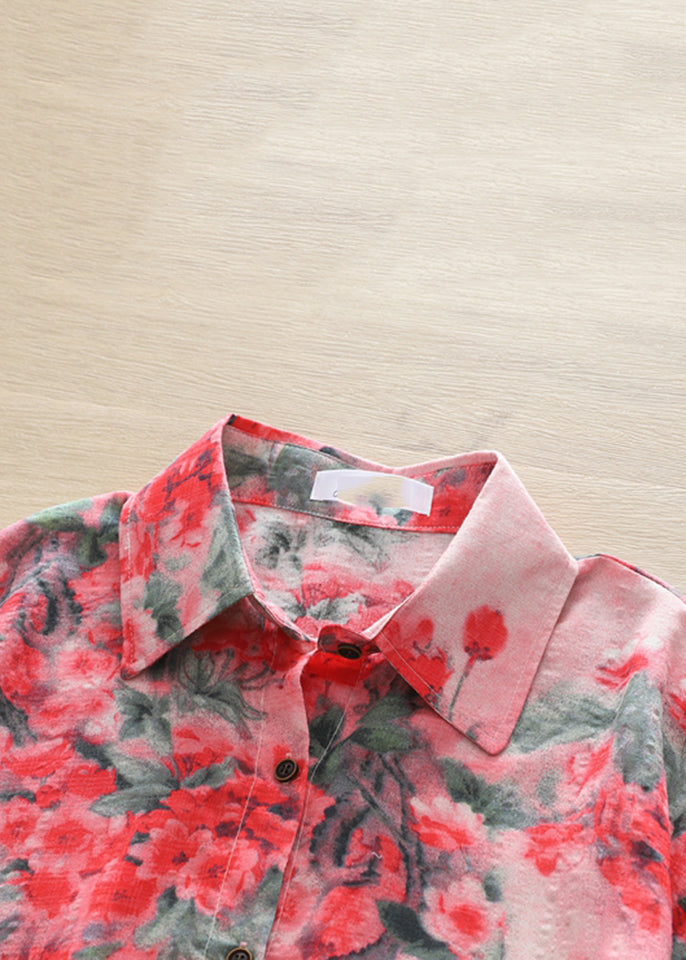 Red Peter Pan Collar Print Button Shirts Long Sleeve