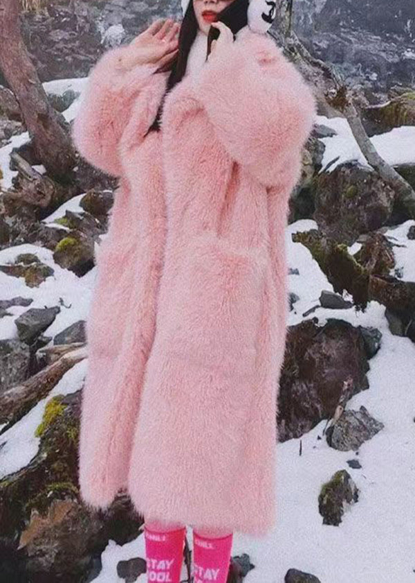 Pink Peter Pan Collar Pockets Patchwork Fuzzy Fur Fluffy Coat Winter