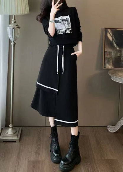 Black Hooded Sweatshirt and Skirts Cotton Two Piece Set Spring