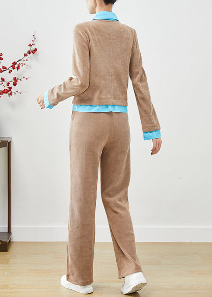 Khaki Double Breast Patchwork Corduroy Two Pieces Set Fall