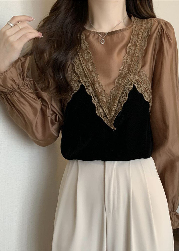 Khaki Patchwork Lace Silk Velour Shirt Top O-neck Lantern Sleeve