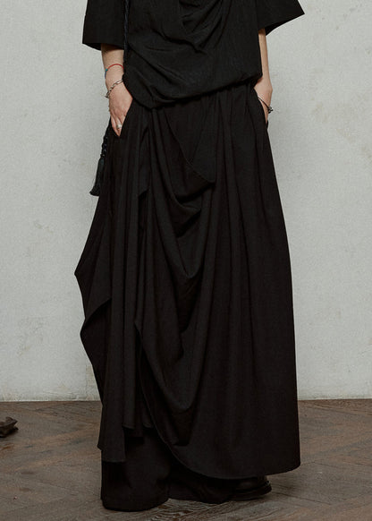 Black Elastic Waist Pockets Cotton Wide Leg Pants Asymmetrical