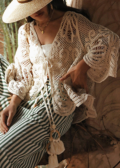 Beige V Neck Tie Lace Holiday Tops Batwing Sleeve