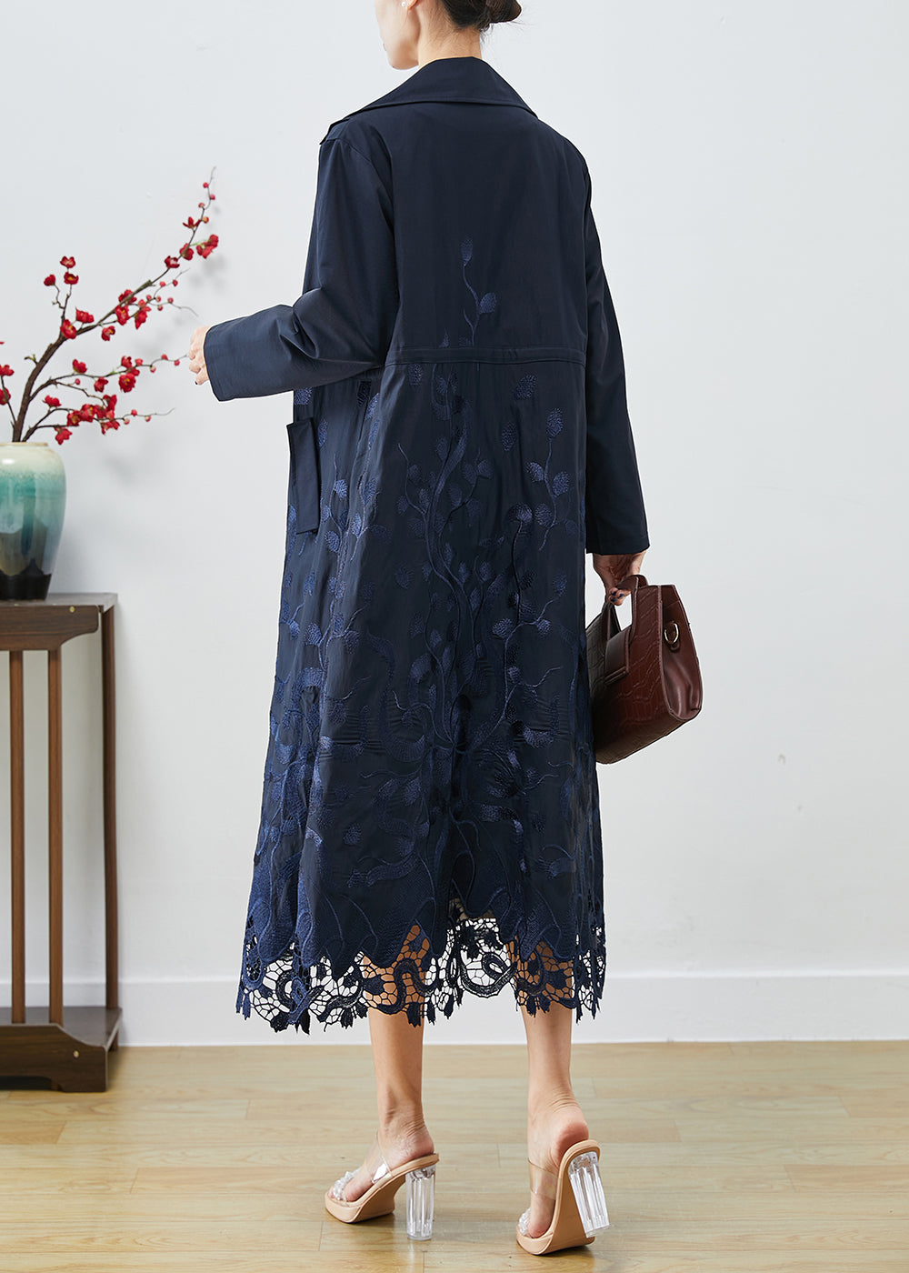 Navy Embroideried Tie Waist Spandex Trench Coats Fall