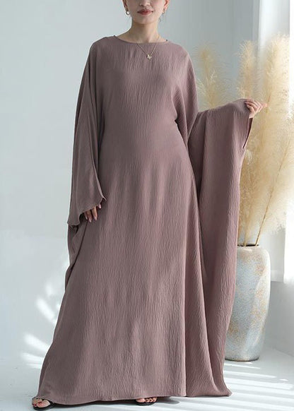 Loose Pink O Neck Ice Silk Maxi Dresses Batwing Sleeve
