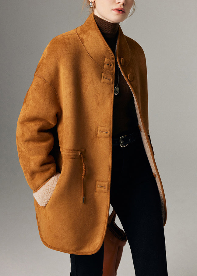 Camel Drawstring Button Wear on Both Sides Coats Winter