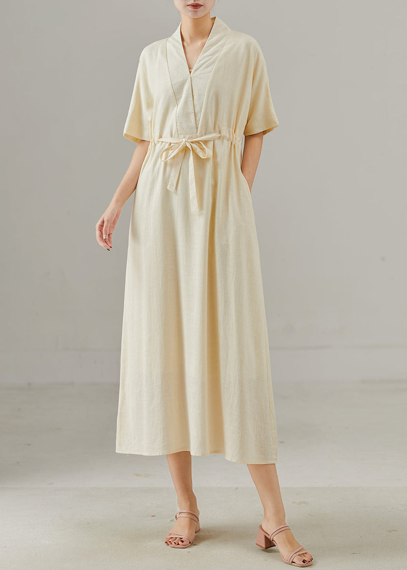 Simple Apricot V Neck Tie Waist Cotton Dress Summer