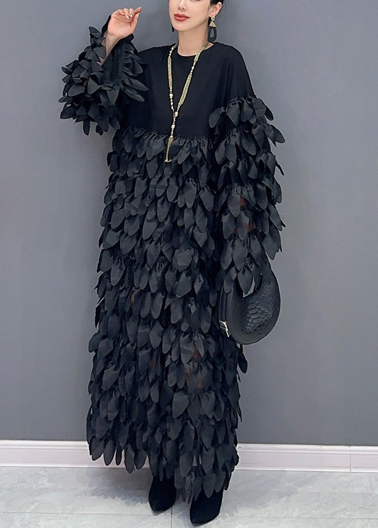 Black O Neck Patchwork Cotton Long Dress Spring