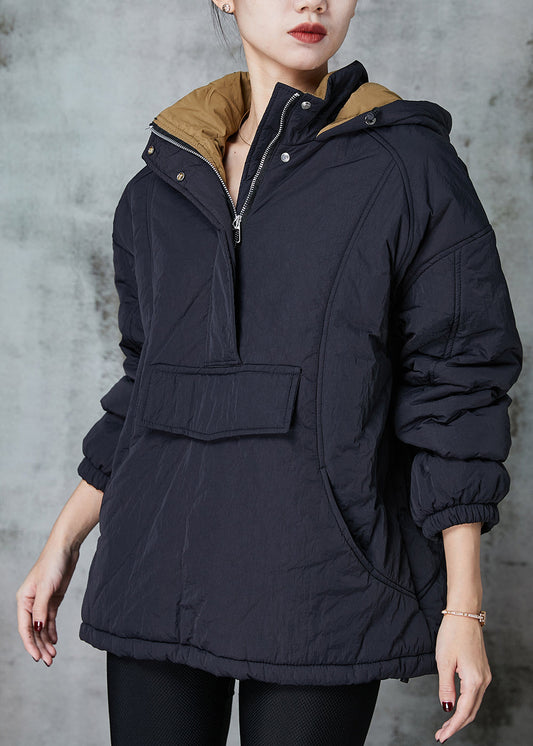 Black Patchwork Fine Cotton Filled Pullover Hooded Spring