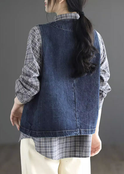 Dark Blue O-neck Pockets Denim Waistcoat Sleeveless