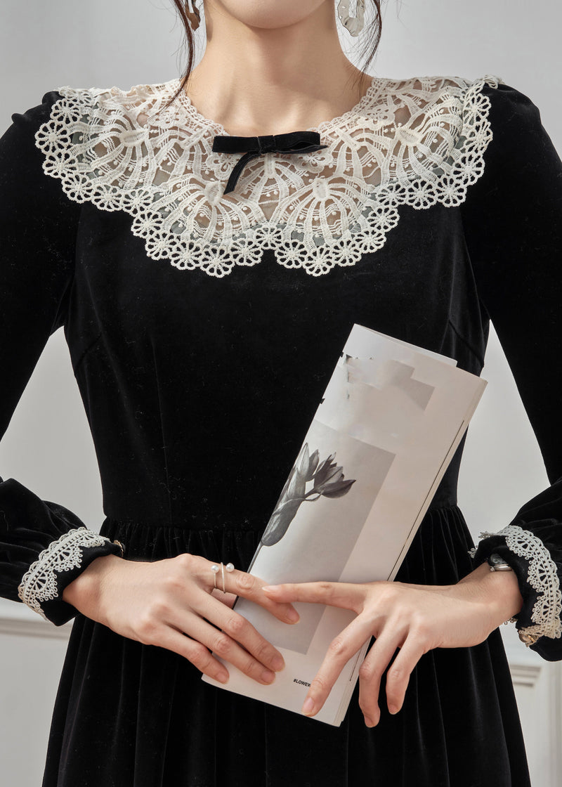 Classy Black O-neck Lace Patchwork Silk Velvet Long Dress Spring