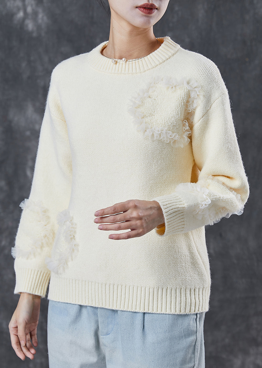 Apricot Ruffled Patchwork Thick Knit Sweater Tops Winter