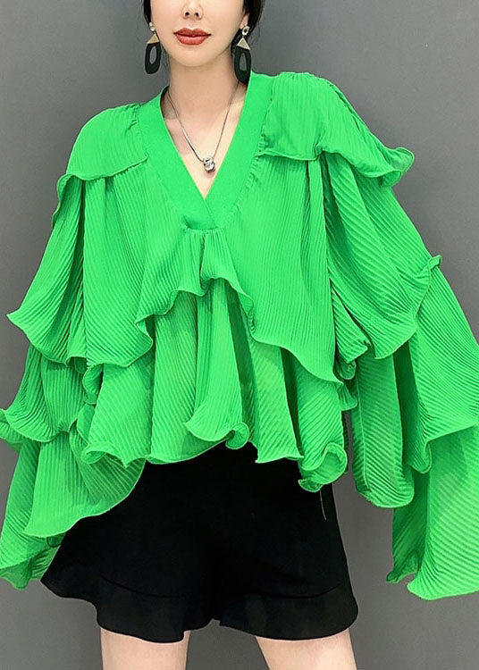 Green Asymmetrical Ruffled Patchwork Chiffon Tops Spring