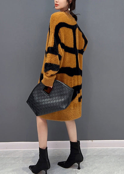 Orange V Neck Patchwork Mink Velour Maxi Dress Fall