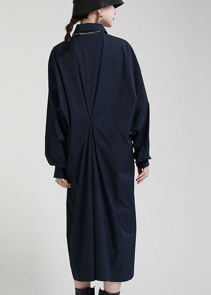 Navy Peter Pan Collarbuttonasymmetrical Design Fall Ankle Dress Long Sleeve