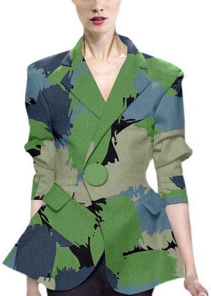 Green Button Peter Pan Collar Print Western-style Clothes Coat Long Sleeve