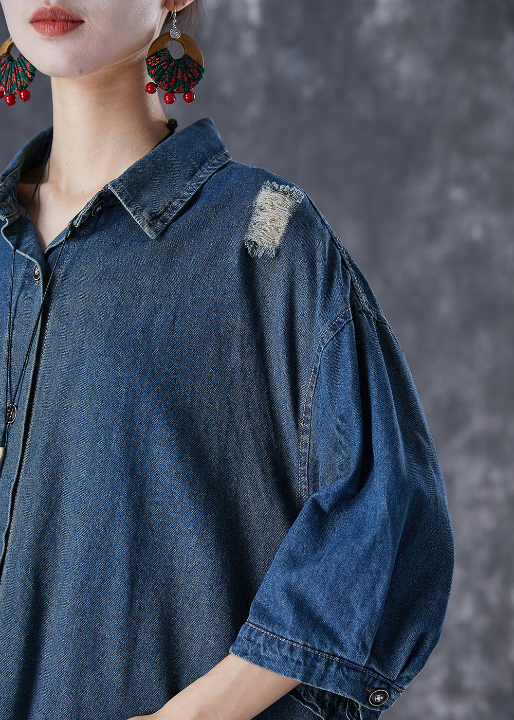 Blue Oversized Patchwork Denim Ripped Trench Coats Fall