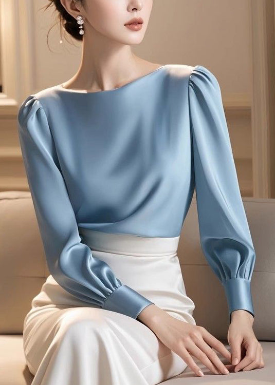 Slim Fit Blue Original Design Silk Shirt Fall