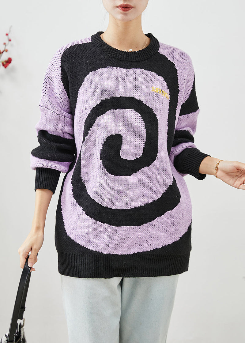 Purple Oversized Print Knit Sweaters Winter