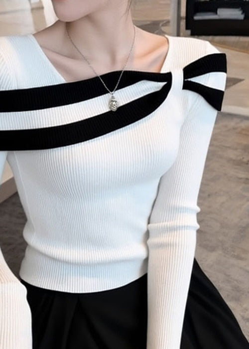 Slim Fit White Striped Patchwork Knit Sweaters Spring