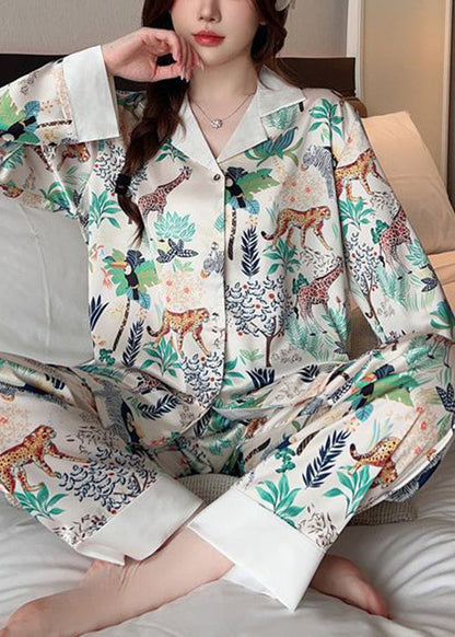 Loose Photo Color Peter Pan Collar Print Ice Silk Pajamastwo Pieces Set Spring