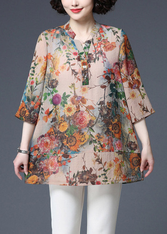 V Neck Print Button Cotton Shirts Three Quarter Sleeve