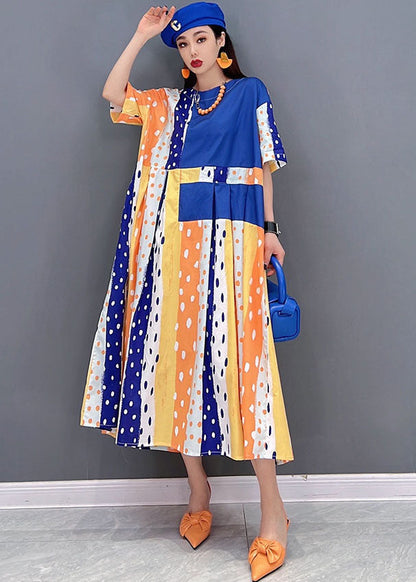 Blue Dot Print Patchwork Cotton Pleated Long Dress Short Sleeve