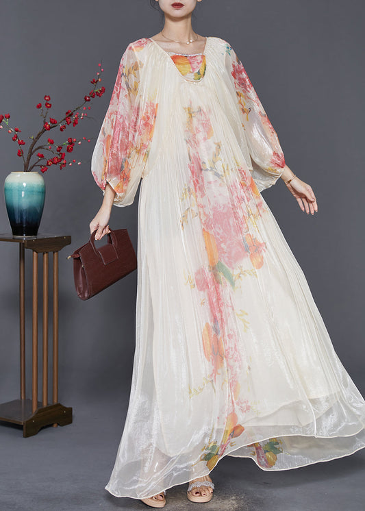 Apricot Oversized Print Chiffon Vacation Dresses Lantern Sleeve