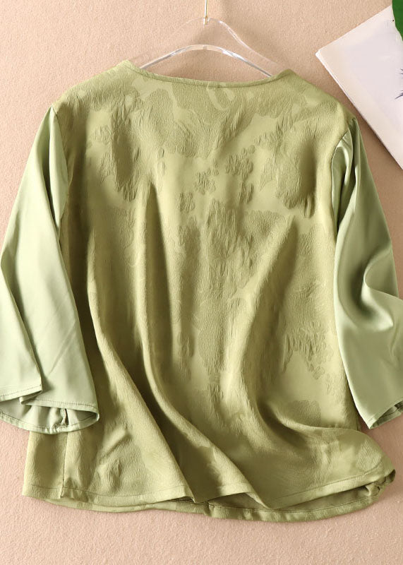 Green Chinese Jacquard Button Patchwork Silk Shirt Bracelet Sleeve