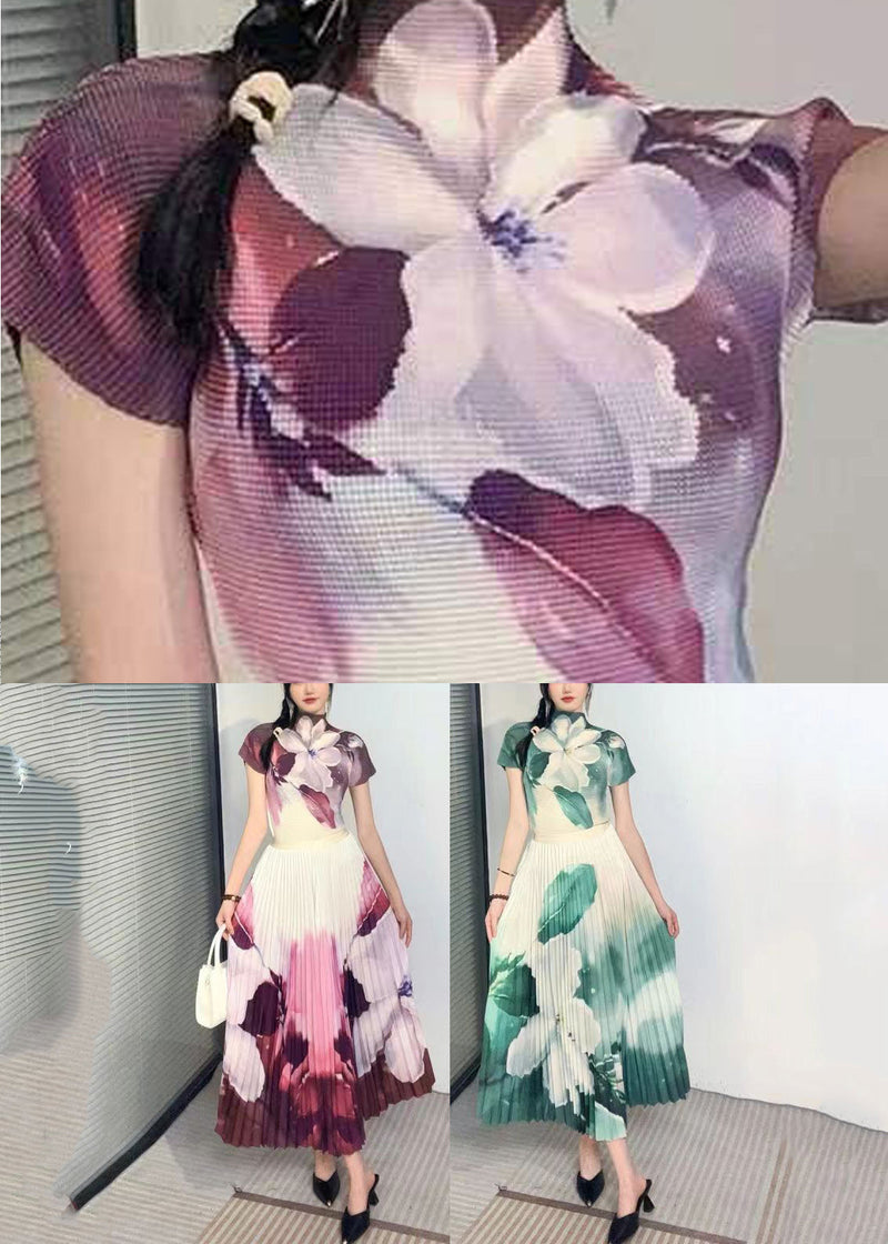Italian Green Turtleneck Print Top and Skirts Two Piece Set Short Sleeve
