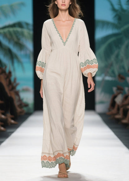 White V Neck Patchwork Linen Dress Lantern Sleeve