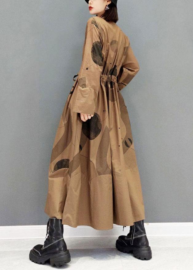 Comfy Brown Pockets Tie Waist Fall Long Sleeve Dresses