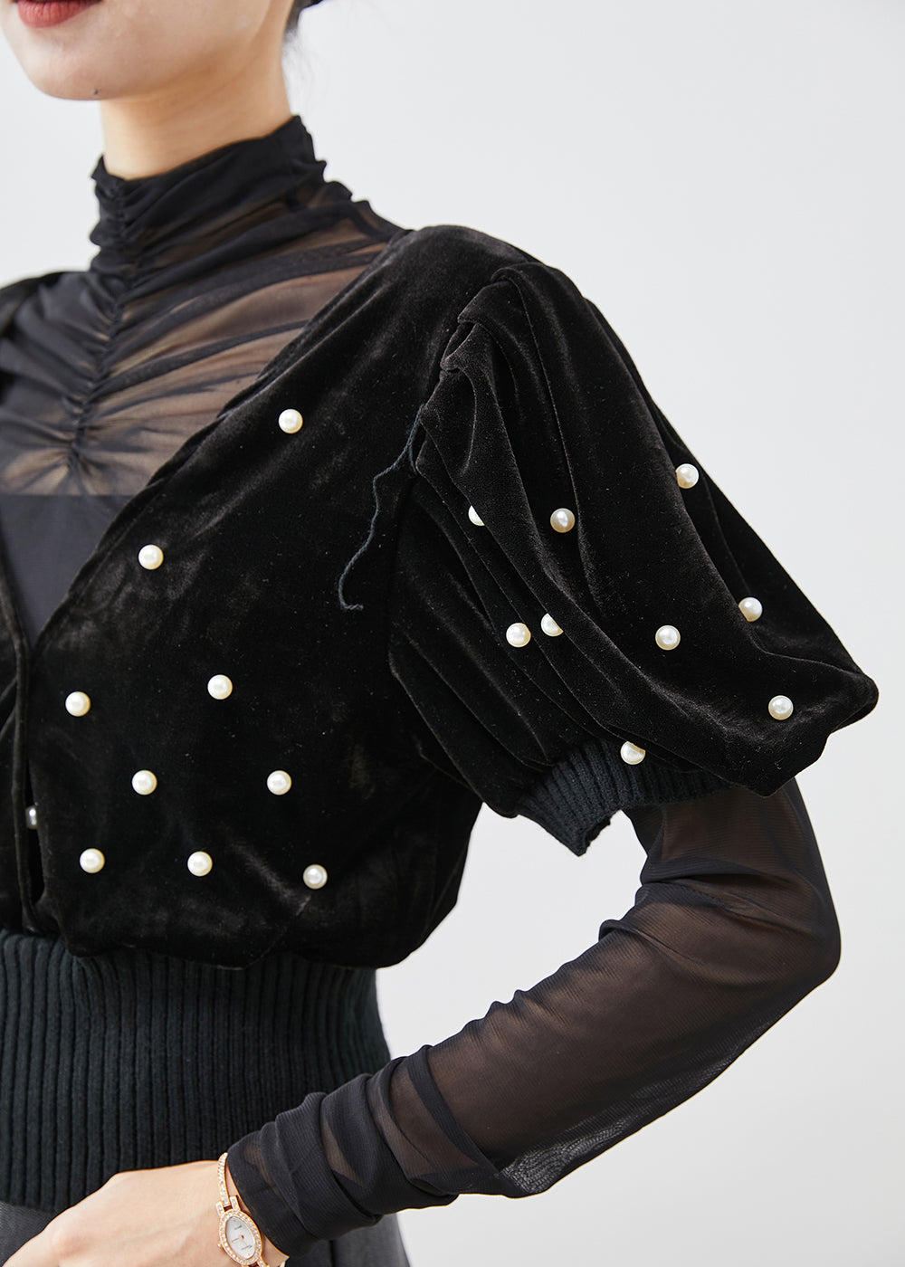 Black Nail Bead Silk Velour Vest and Shirt Two Piece Suit Set Fall