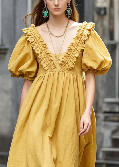 Yellow V Neck Wrinkled Cotton Ankle Dress Puff Sleeve