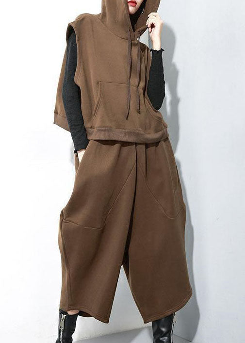 Chocolate Hooded Warm Fleece Two Pieces Set Sleeveless Waistcoat