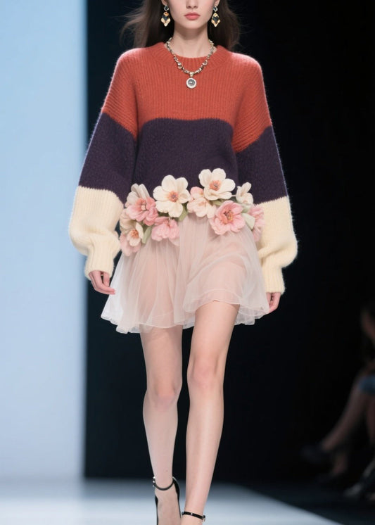 Modern Colorblock O Neck Tulle Knit Dress Fall