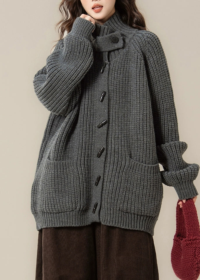 Grey Stand Collar Thick Cotton Knit Cardigans Winter