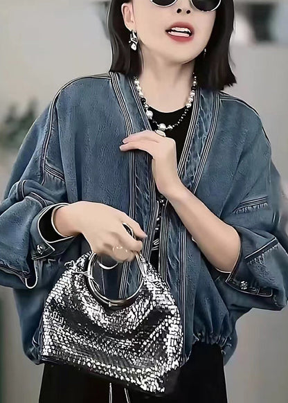 Style Blue Oversized Denim Cardigan Batwing Sleeve Fall