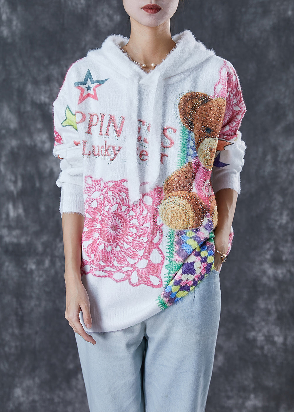 Diy White Hooded Bear Print Mink Hair Knitted Pullover Sweater Winter
