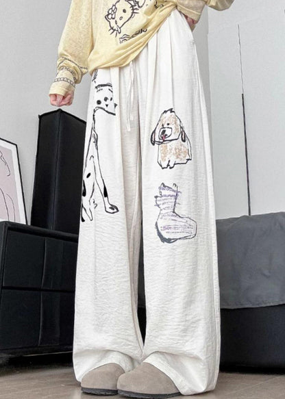 White Cartoon Print Cotton Wide Leg Pants Fall