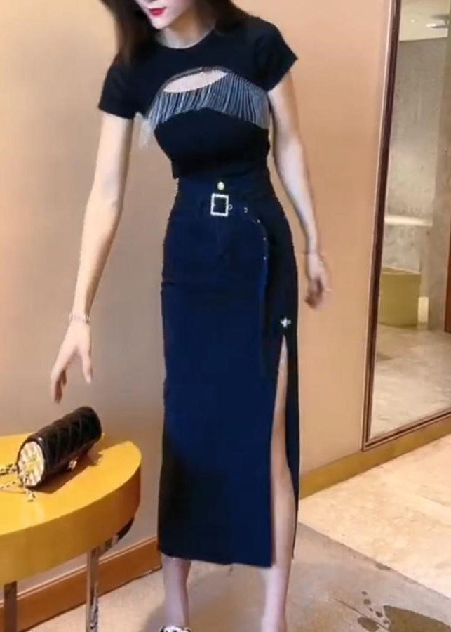 Blue Patchwork Sashes Side Open Denim Maxi Skirt
