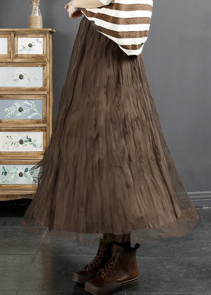 Coffee Wrinkled Elastic Waist Tulle Skirt Spring