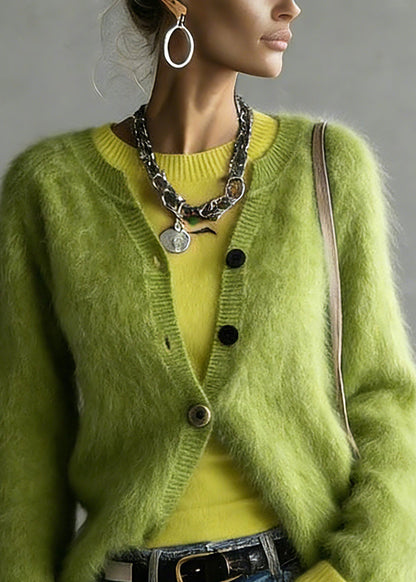 Green V Neck Cotton Knit Cardigan and Top Two Pieces Set Spring